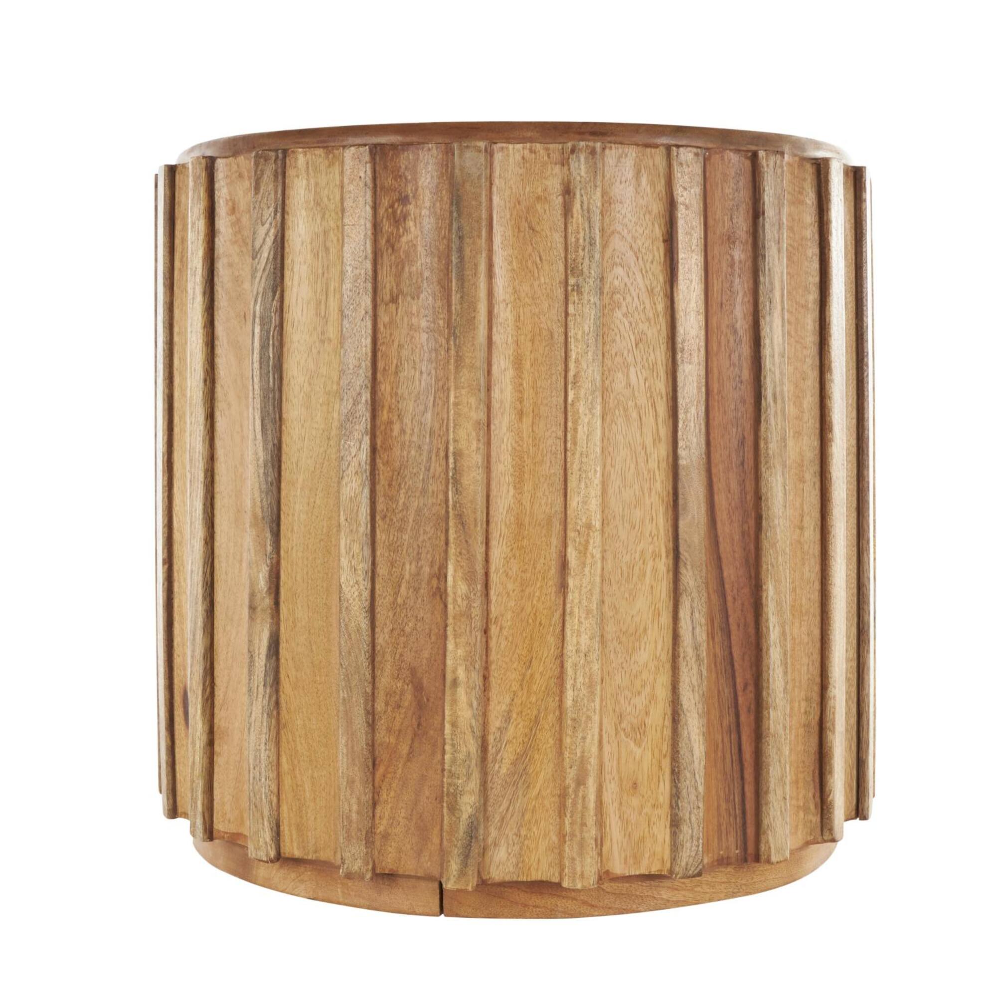 18.25" Brown Mango Wood Handmade Concaved Curve Drum Accent Table with Ridges